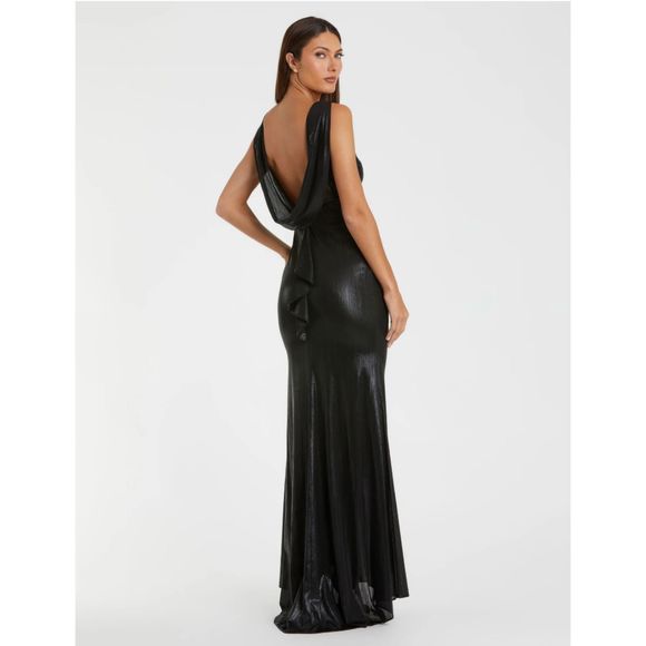IEENA FOR MAC DUGGAL Black Metallic Jersey Cowl Back Column Gown - Size 12 - Picture 4 of 7